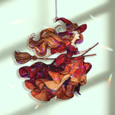 Red Witch Acrylic Suncatcher, Stained Glass Style Witch with Flowing Hair and Broom Window Hanging, Halloween Gothic Fantasy Home Décor Gift